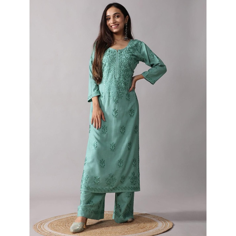 Women Woven Design Embroidered Kurta with Palazzos