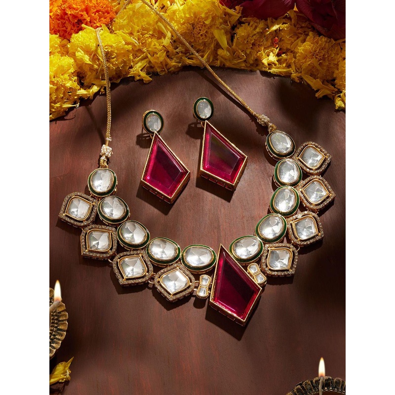 Zaveri Pearls Gold-Plated Meenakari Austrian Diamonds Stone-Studded Jewellery Set