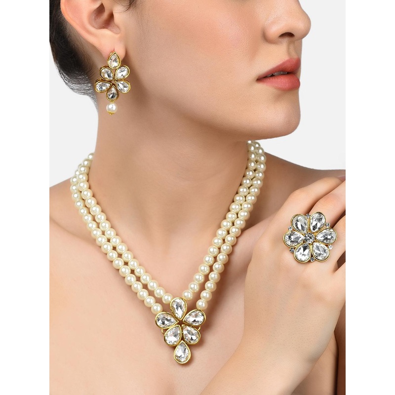 Zaveri Pearls Gold-Plated & White Stone-Studded & Pearl-Beaded Jewellery Set