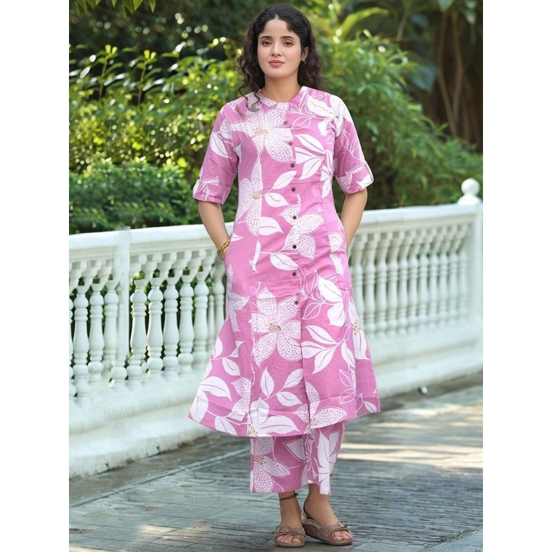 Aaghnya Floral Printed Mandarin Collar A-Line With Palazzos