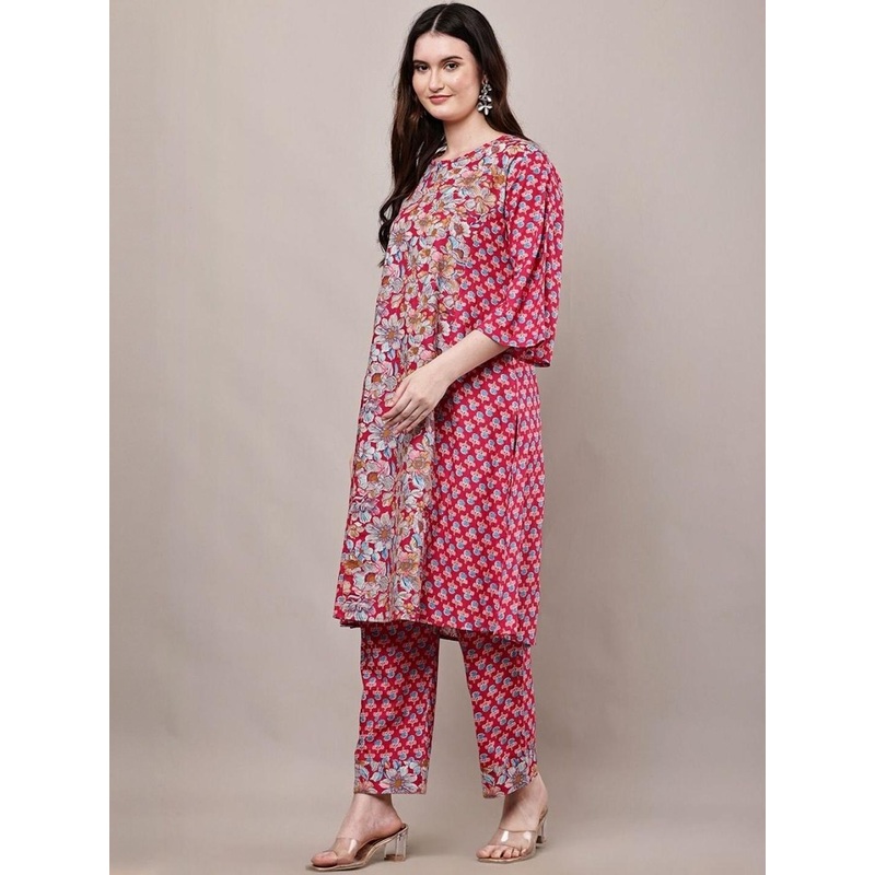ALIEF COLLECTION Floral Printed Round Neck Pure Cotton Straight Kurta With Trousers