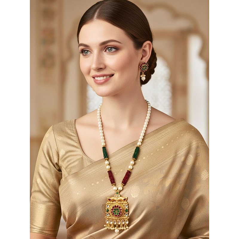 Anouk Gold-Plated Kundan-Studded And Pearls Beaded Rajwadi Long Necklace And Earrings