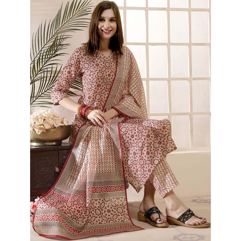 Anouk Rustic Floral Printed Regular Straight Kurta with Trousers & Dupatta