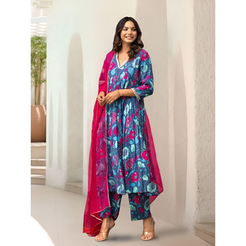 Anouk Rustic Women Floral Printed A-Line Kurta with Trousers & Dupatta
