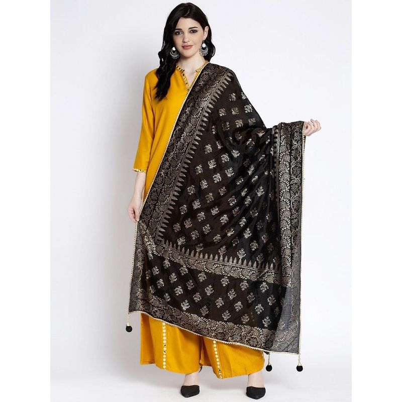 Clora Creation Women Black & Gold-Coloured Printed Dupatta