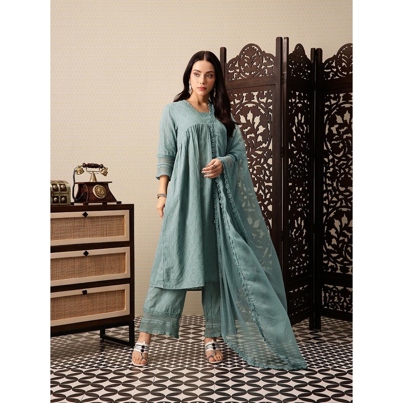 House of Pataudi Empire Pure Cotton Jashn Kurta with Palazzos & Dupatta