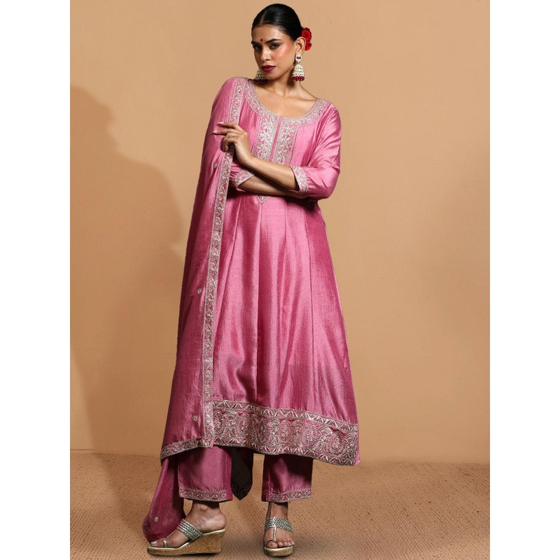 House of Pataudi Floral Yoke Design Scoop Neck Zari Anarkali Kurta & Trouser And Dupatta