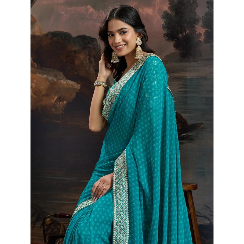 House of Pataudi Geometric Printed Embroidered Pure Georgette Bandhani Saree