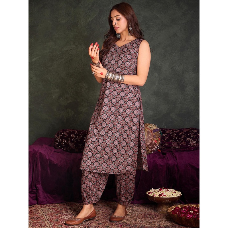 Indo Era Ajrakh Printed Regular Pure Cotton Kurta with Salwar