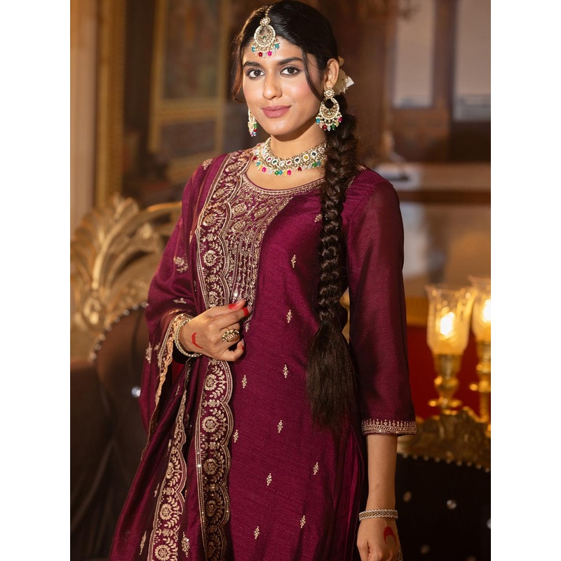 Indo Era Embroidered Gotta Patti Work Round Neck Kurta With Trousers & Dupatta