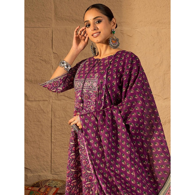 Indo Era Women Floral Printed Regular Pure Cotton Straight Kurta with Trousers & Dupatta