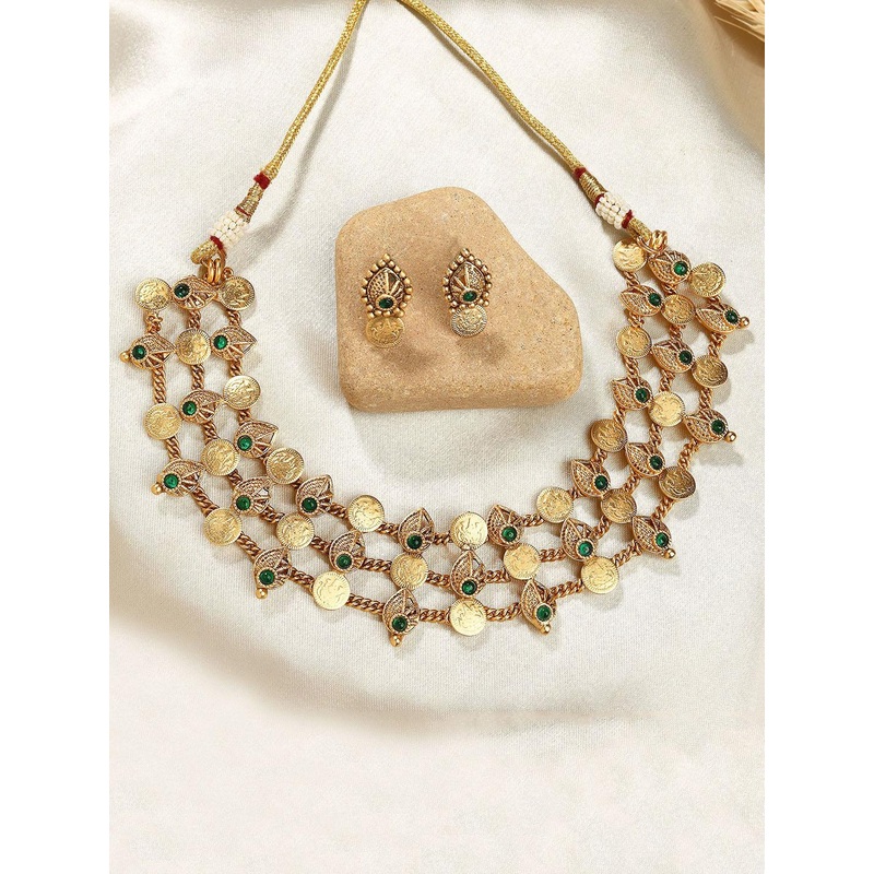 KARATCART Gold Plated Stone Studded Laxmi Mata Coin & Shell Design Necklace and Earrings