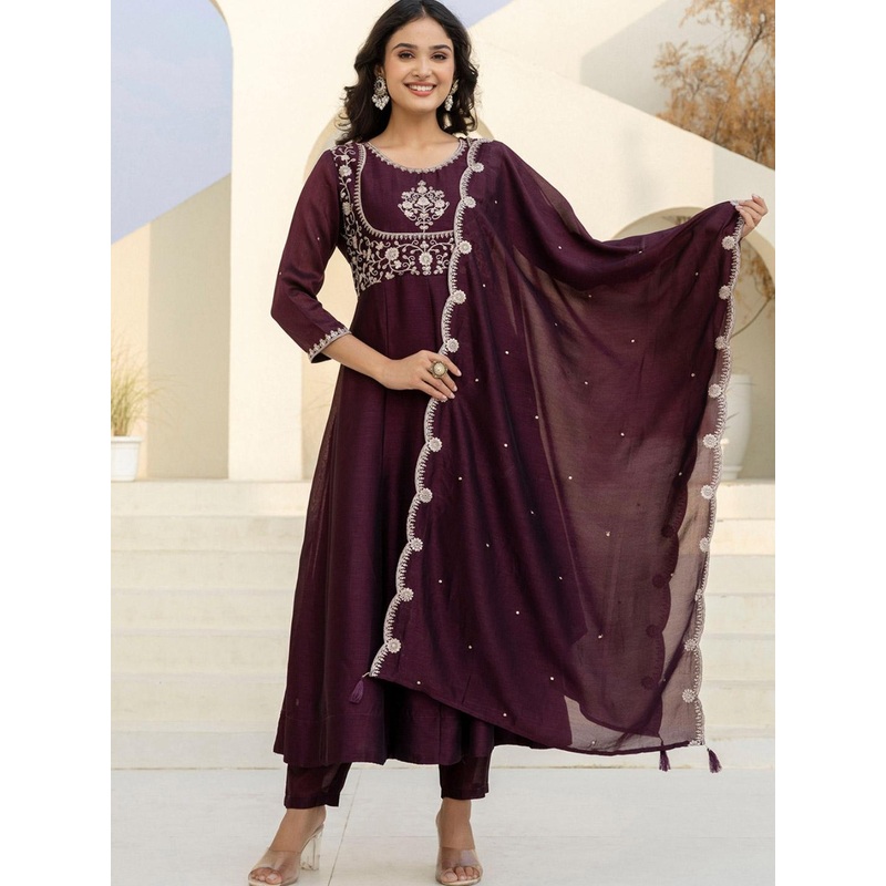 Navlik Ethnic Motifs Embroidered Thread Work A-Line Kurta With Trousers & Dupatta