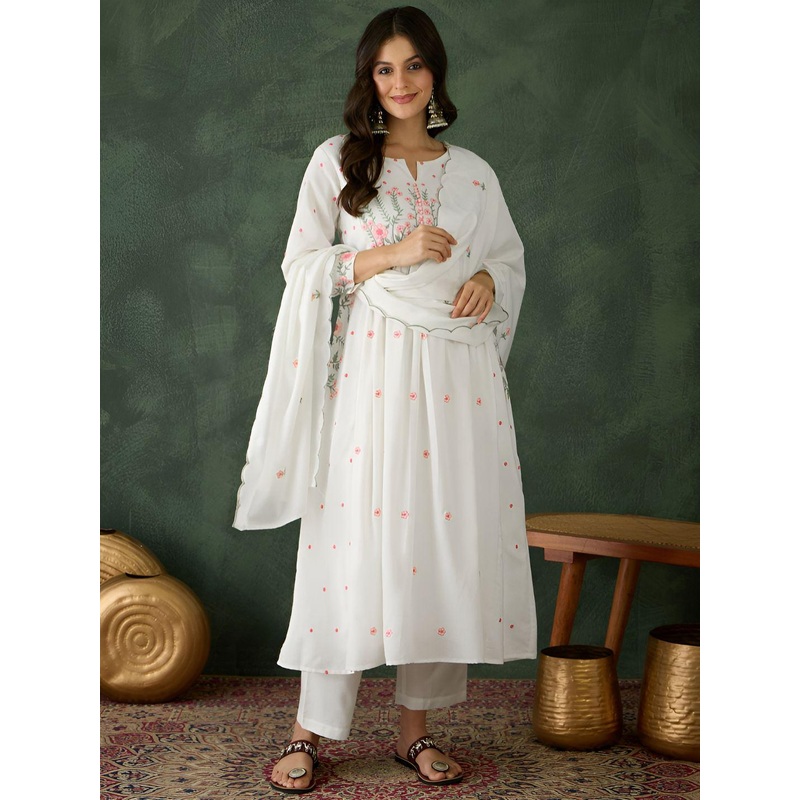 Navlik Floral Embroidered Empire Thread Work Pure Cotton Kurta With Trousers & Dupatta