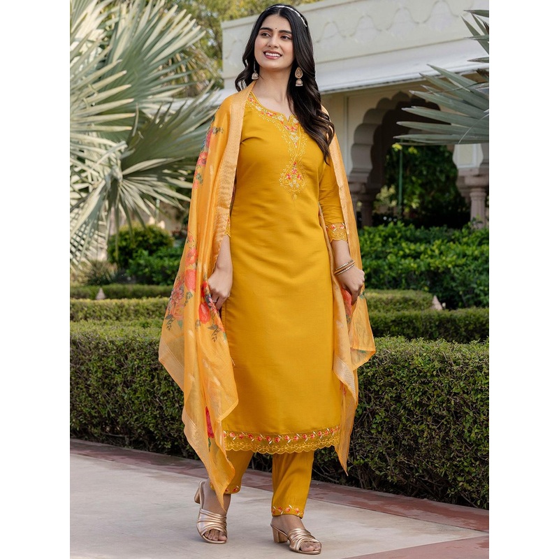 Navlik Floral Embroidered Thread Work Kurta with Trousers & Dupatta
