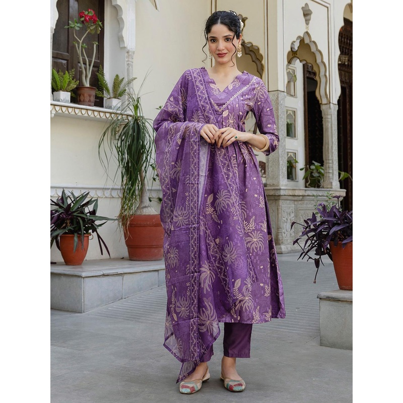 Navlik Floral Printed V-Neck Pleated A-Line Kurta With Trousers & Dupatta