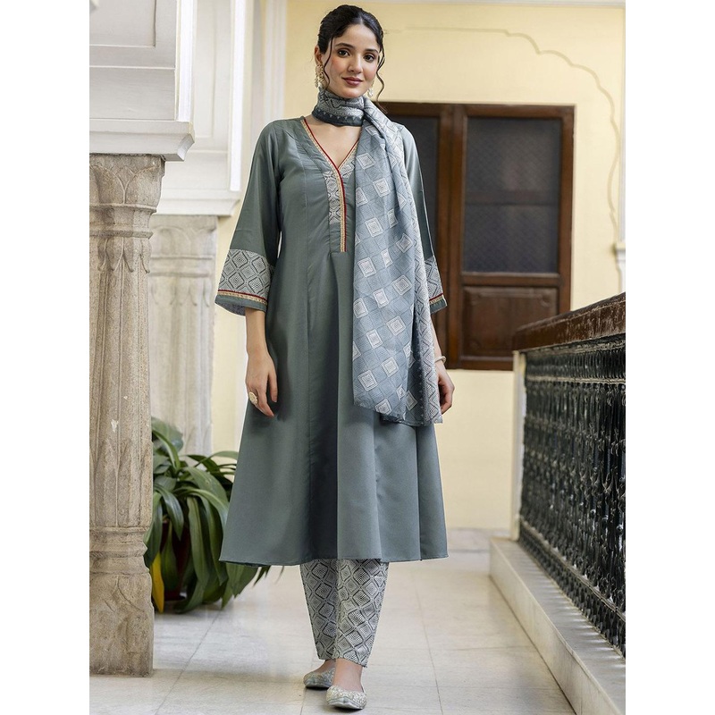 Navlik V-Neck A-Line Kurta With Trousers & Dupatta