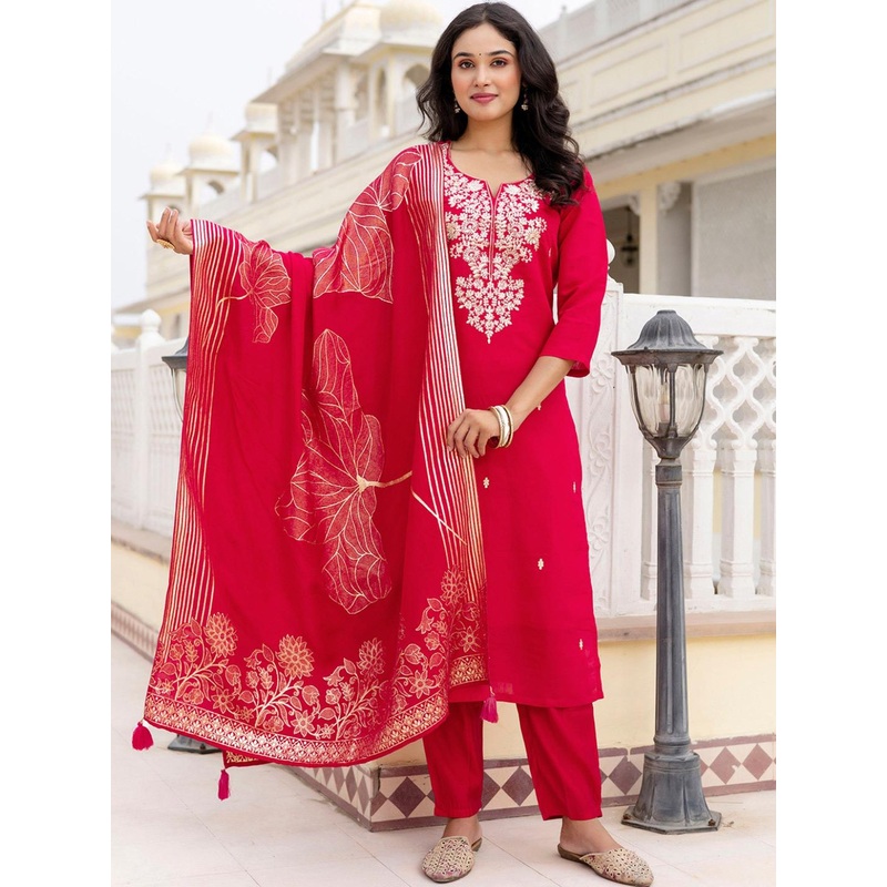 Navlik Women Ethnic Motifs Embroidered Thread Work Kurta with Trousers & With Dupatta