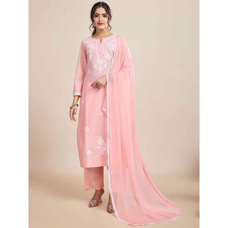 Navlik Women Floral Embroidered Cotton Kurta with Trousers & Dupatta