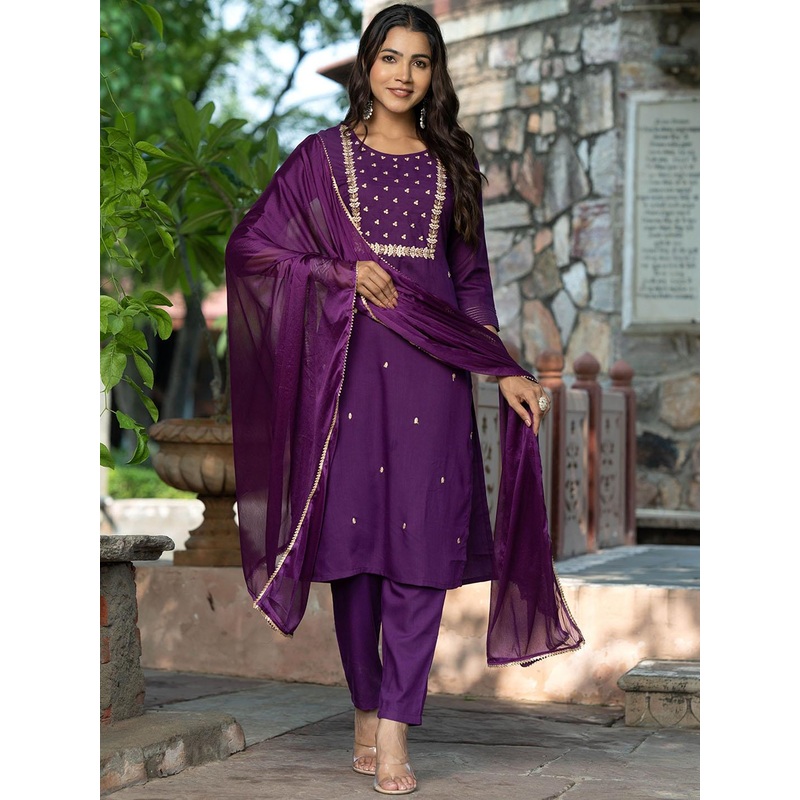 Navlik Women Floral Embroidered Regular Kurta with Trousers & With Dupatta