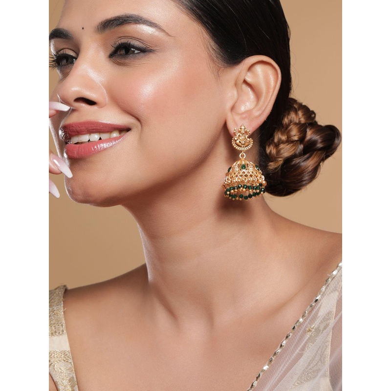 Rubans 18K Gold Plated Emerald Green Beaded Ganesha Temple Jhumka Earrings