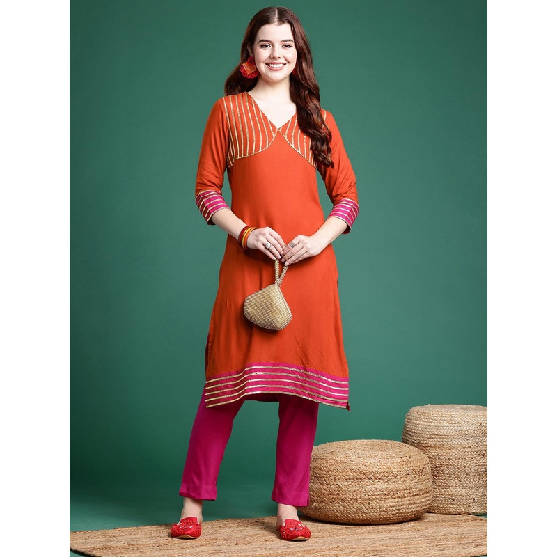 Sangria Women Yoke Design Regular with Gotta Patti Work Kurta with Trousers