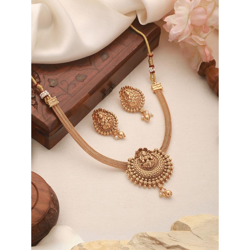 Saraf RS Jewellery Gold-Plated Artificial Beaded Minimal Temple Lakshmiji Jewellery Set