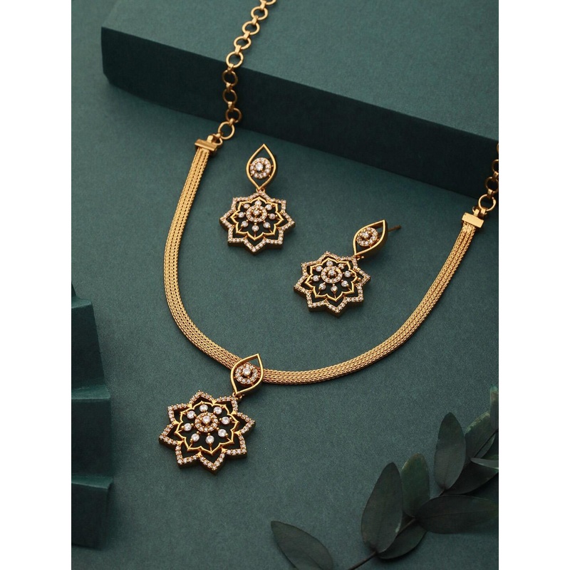 Saraf RS Jewellery Gold-Plated Cubic Zirconia Studded Jewellery Set