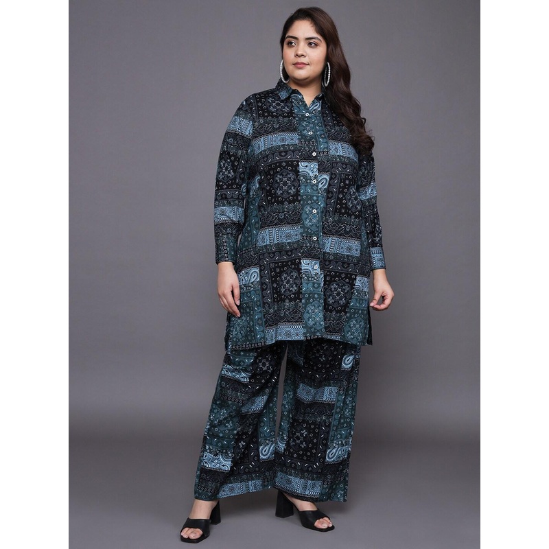 Tissu Plus Size Printed Longline Pure Cotton Shirt with Palazzo
