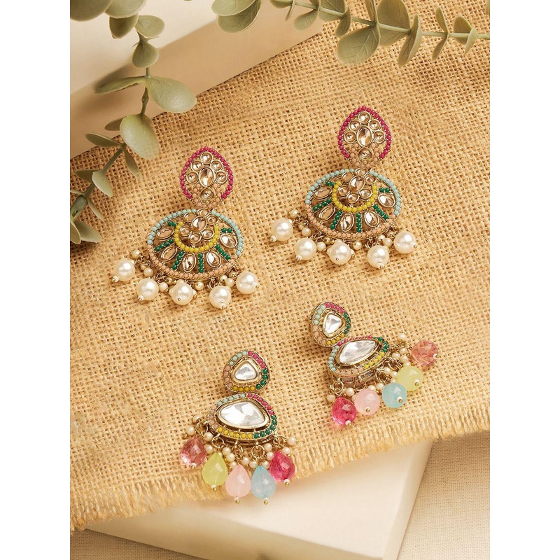 Zaveri Pearls Set Of 2 Gold-Plated Artificial Stones Studded Contemporary Drop Earrings