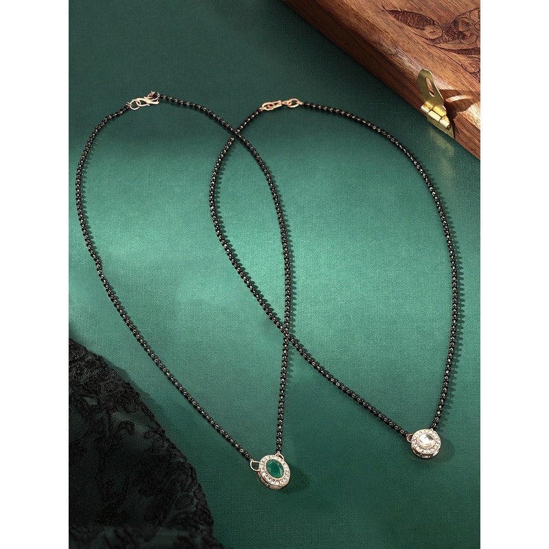 Zaveri Pearls Set Of 2 Rose Gold-Plated Austrian Diamonds Studded & Beaded Mangalsutras