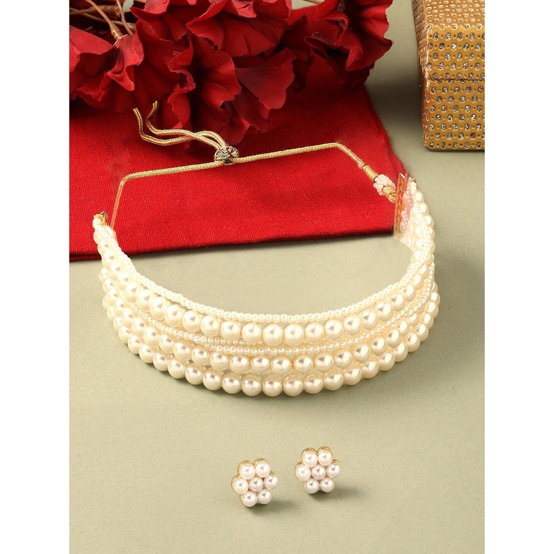AMI Gold-Plated Pearl Beaded Layered Choker Jewellery Set
