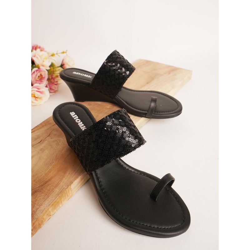 Anouk Black Ethnic Embellished One Toe Wedges