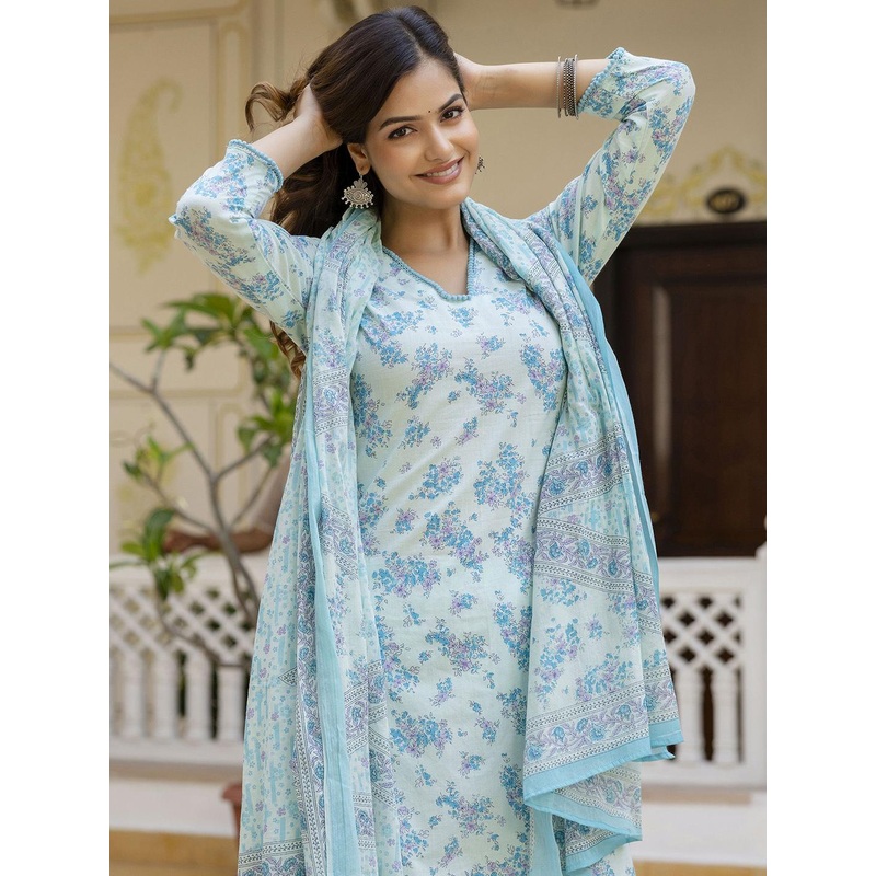 Anouk Rustic Floral Printed Pure Cotton Straight Kurta With Trousers & Dupatta