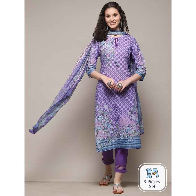 Biba Ethnic Motifs Printed Straight Kurta & Trousers With Dupatta