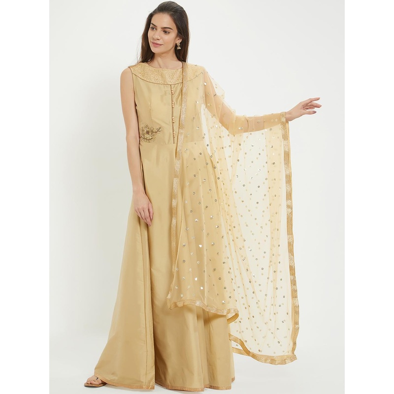 Dupatta Bazaar Beige & Golden-Colored Embroidered Dupatta