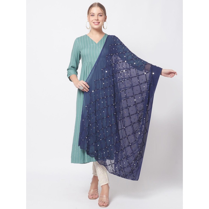 Dupatta Bazaar Navy Blue Embroidered Dupatta with Mirror Work