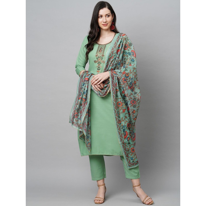 GoSriKi Women Green Embroidered Thread Work Kurta with Trousers & Dupatta