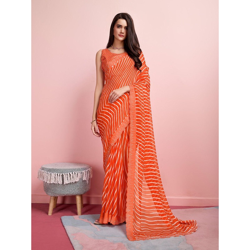 HERE&NOW Leheriya Sequinned Pure Chiffon Saree