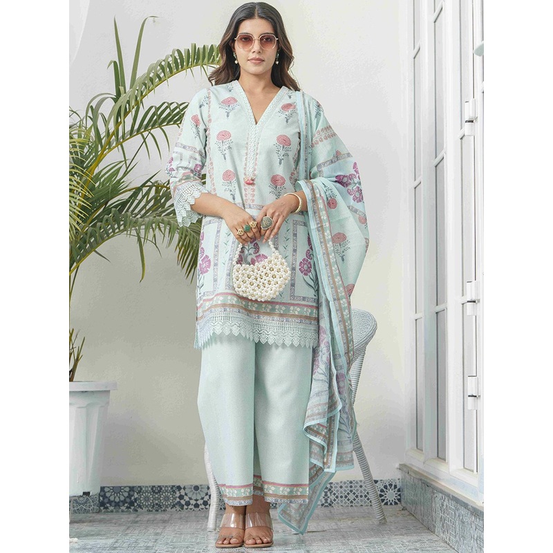 House of Pataudi Blue Floral Printed Cotton Kurta & Trousers With Dupatta