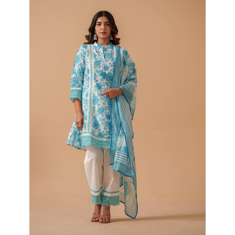 House of Pataudi Floral Printed Linen Kurta & Trousers With Dupatta