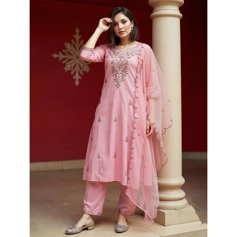 Indo Era Embroidered Regular Sequinned Straight Kurta With Trousers & Dupatta
