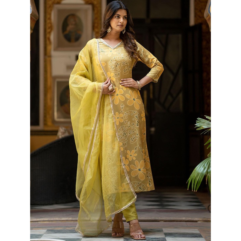 Navlik Floral Printed V-Neck Mirror Work Straight Kurta With Trousers & Dupatta