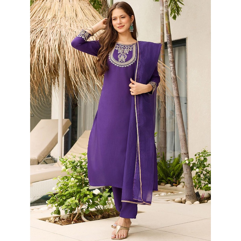 Navlik Women Ethnic Motifs Embroidered Kurta with Trousers & Dupatta