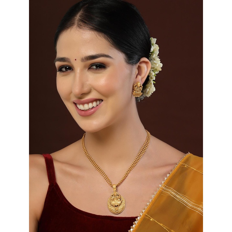 PANASH Gold-Plated CZ-Studded Ganesh Shaped Pendant with Chain