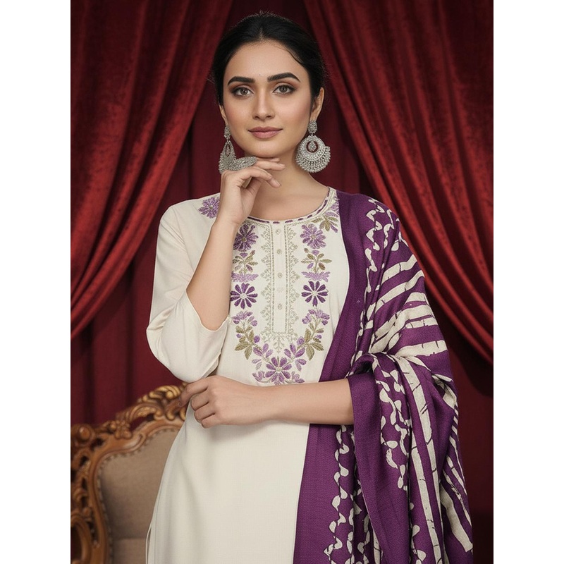 Royal Export Embroidered Pure Cotton Round Neck Straight Kurta With Trousers & Dupatta