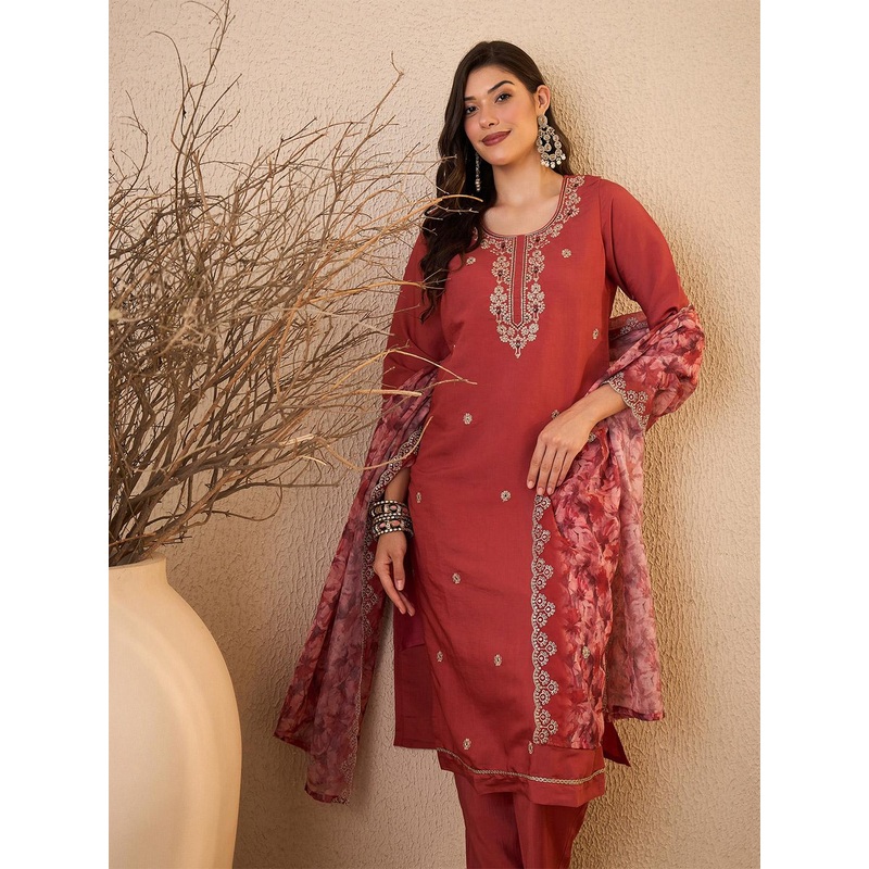 Royal Export Floral Embroidered Sequinned Chanderi  Straight Kurta With Trousers & Dupatta