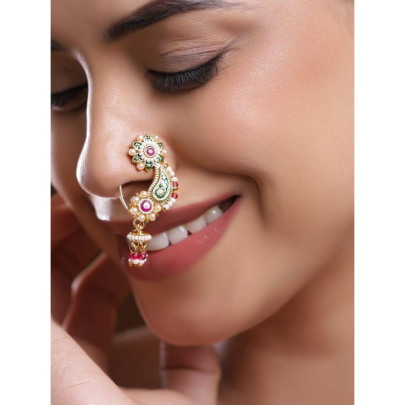 Rubans 18K Gold-Plated Floral Enamel Green & Ruby Pink Stone Nath Nose Pin with Pearl