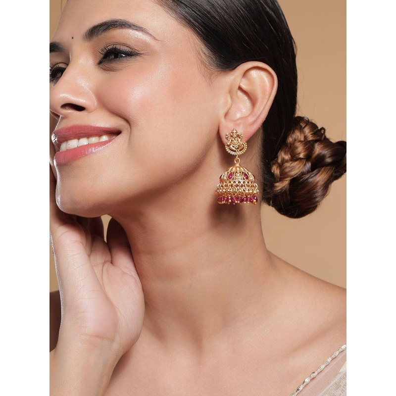 Rubans 18K Gold-Plated Ruby Stone & Beaded Divine Ganesha Temple Jhumka Earrings