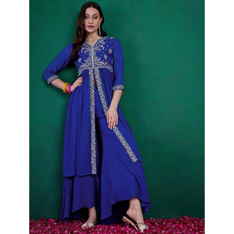 Sangria Alina Cut Floral Embroidered V-Neck Kurta With Palazzo